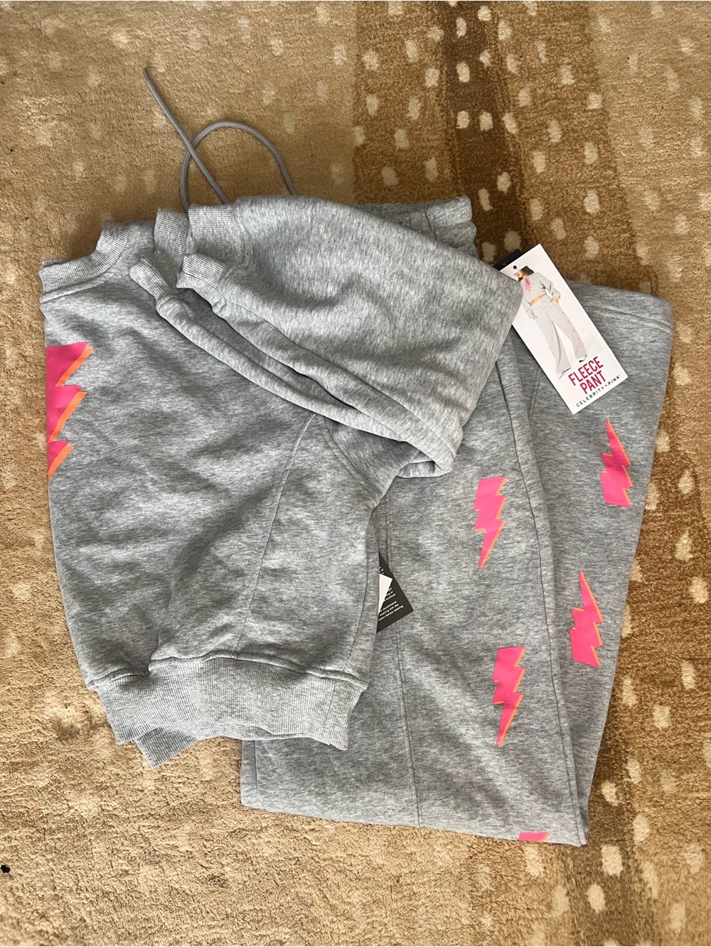 Grey Sweatshirt & Fleece Pants Set with Pink Lightning Accents